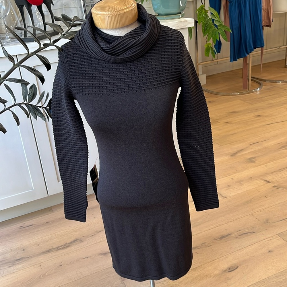 NWT Bebe black fitted knit sweater dress with rolled funnel neck and full lining